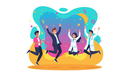 Diverse professional team jumping high celebrating career success and achievement together