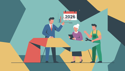 Professional team planning future goals 2026 with labor and management collaboration