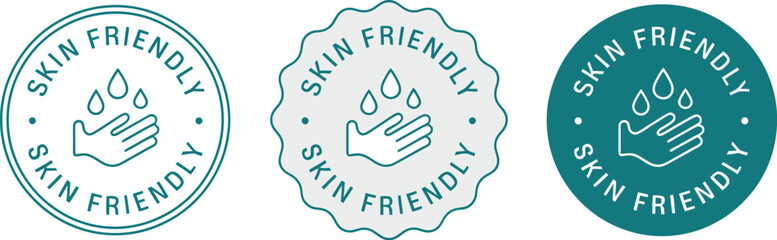 Skin Friendly label vector set with hand and water drop icon in various teal shades, ideal for hypoallergenic cosmetic product packaging.