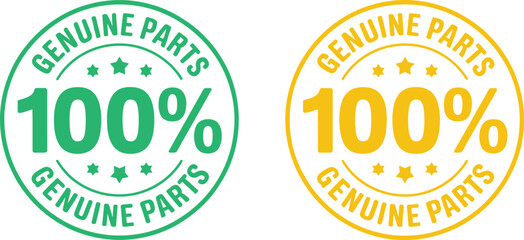 100% Genuine Parts assurance label vector set in green and yellow for automotive, machinery, and manufacturing products.