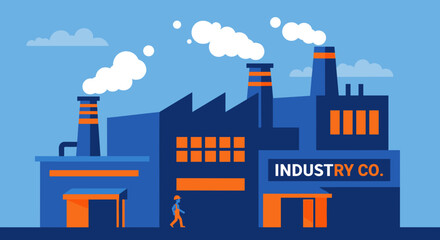 Obraz premium Flat vector illustration of a large industrial factory building smokestacks pollution and worker