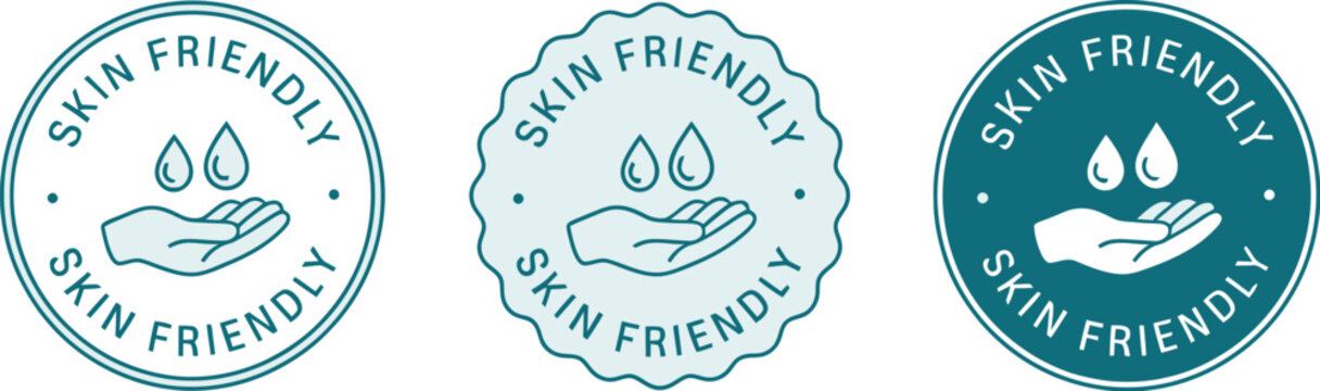 Skin Friendly label set with hand and water drop icon in various teal shades, ideal for hypoallergenic cosmetic product packaging.