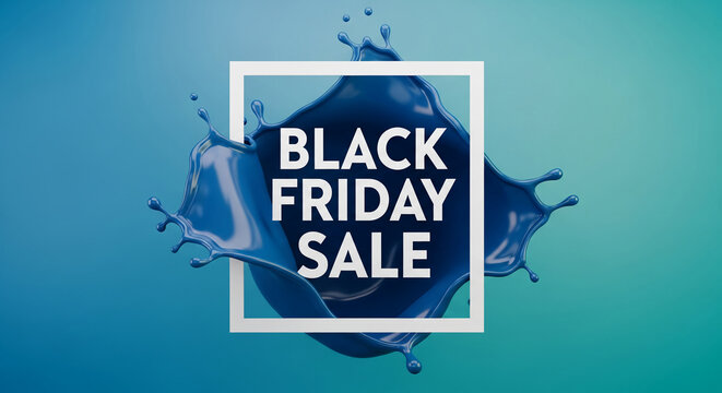 A blue liquid splash within a square frame on a gradient background, showcasing "Black Friday Sale", representing commercial promotion, free space for message