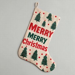 Plaid Santa Claus and Christmas stocking with red-green polka dot tree toppers on cream background, "Merry Christmas" bold text header