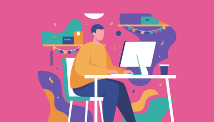 Creative professional working on desktop computer in a vibrant festive home office illustration