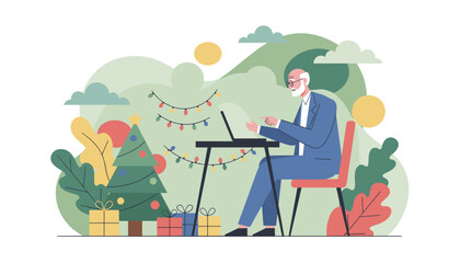 Senior businessman works on laptop near a Christmas tree and gifts Holiday remote work concept