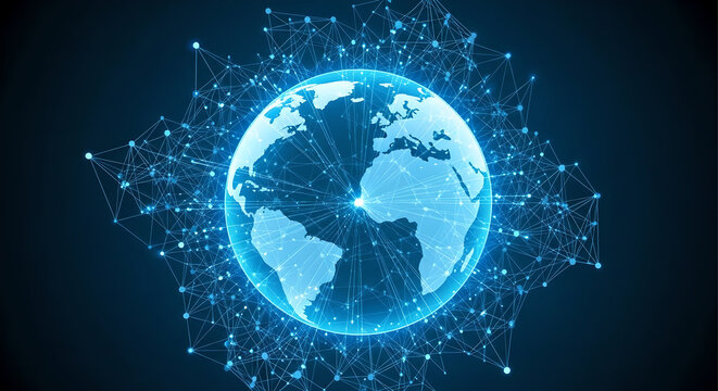 Bright Digital Earth Surrounded by Abstract Plexus Network. Global Connectivity Technology