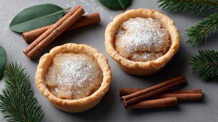 flat lay of two individual mini pies or tarts, dusted with powdered sugar, placed on a textured gray background