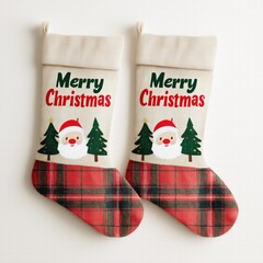 Plaid Santa Claus and Christmas stocking with red-green polka dot tree toppers on cream background, "Merry Christmas" bold text header