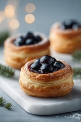 Glossy blueberry danish pastry violet filling flaky layers bokeh lights

