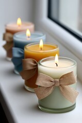 hand poured soy wax candles in glass jars multiple pastel colors cream ivory sage green powder blue mustard yellow teal burning warm flickering flames