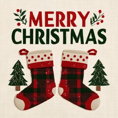 Plaid Santa Claus and Christmas stocking with red-green polka dot tree toppers on cream background, "Merry Christmas" bold text header