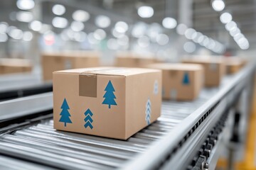 focused cardboard shipping package boxes moving on industrial metallic roller conveyor belt warehouse distribution center modern logistics facility blurred background