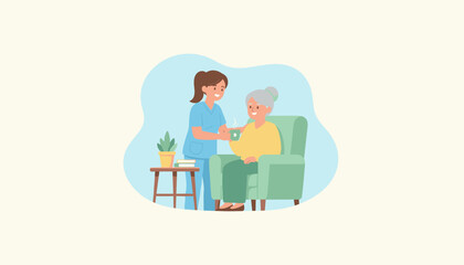 Caring nurse giving hot tea to happy elderly woman sitting in armchair Home care support and comfort