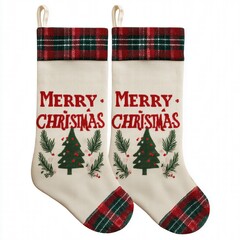 Plaid Santa Claus and Christmas stocking with red-green polka dot tree toppers on cream background, "Merry Christmas" bold text header