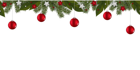 Festive template with spruce branches, leaves, stars and balls.