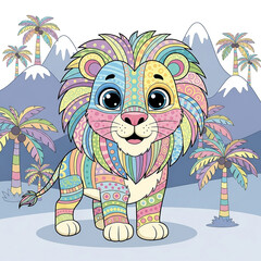 Lion Artwork in a Wonderland: A colorful illustration of a lion standing amidst palm trees and snowy mountain range, this piece captures the wild animal's beauty and cheerfulness.