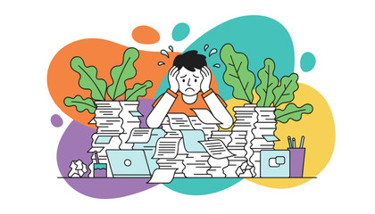 Overworked person buried in paperwork stress burnout and bureaucracy concept