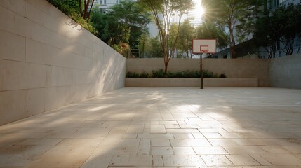 Basketball court in the sun during quiet afternoon in urban park