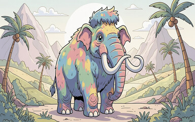 Colorful Mammoth amidst Scenic Landscape: A vibrant illustration depicts a whimsical mammoth with a colorful coat, standing in a captivating landscape of palm trees and mountains.