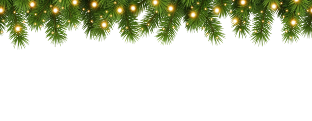 Seamless Christmas border with pine branches and garland of Christmas lights on transparent background perfect for holiday banners, invitations, or seasonal decorations.