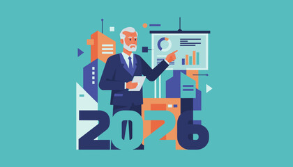Senior executive presenting 2026 business forecast and urban development plan in a corporate illustration