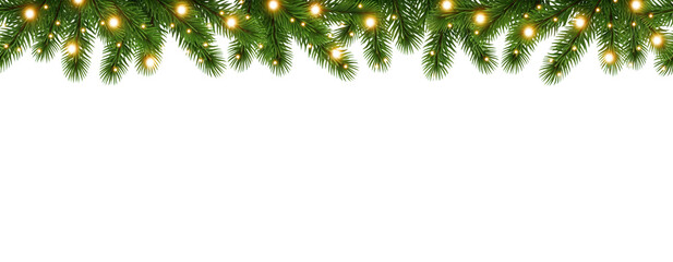Seamless Christmas border coniferous branches decorated with glowing Christmas lights. on transparent background making it perfect for holiday banners, invitations, or seasonal decorations.
