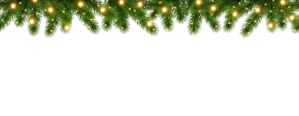 Seamless Christmas border coniferous branches decorated with glowing Christmas lights. on transparent background making it perfect for holiday banners, invitations, or seasonal decorations.
