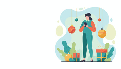 Festive online shopping woman uses phone near holiday gifts and ornaments