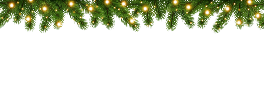 Seamless Christmas border coniferous branches decorated with glowing Christmas lights. on transparent background making it perfect for holiday banners, invitations, or seasonal decorations. - Powered by Adobe