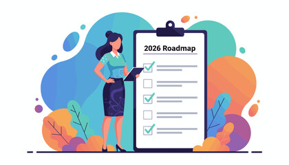 Professional woman reviewing 2026 Roadmap checklist Business planning strategy and achievement illustration