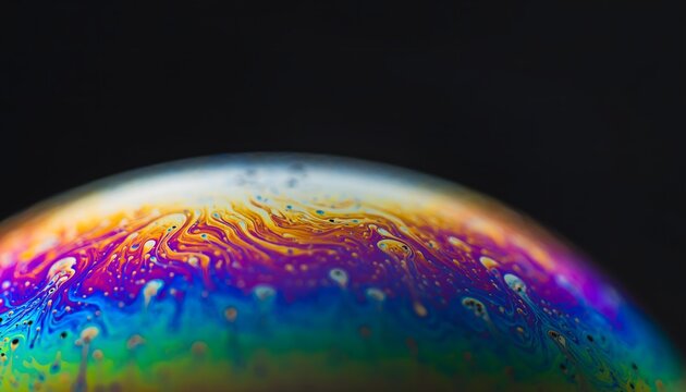 Close up macro shot of a colorful soap bubble with iridescent patterns