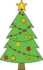 Cartoon Christmas tree with lights and ornaments holiday