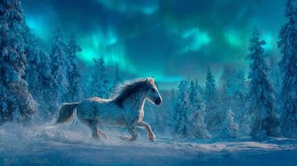 Majestic white horse gallops through a snowy forest under the ethereal glow of the aurora borealis