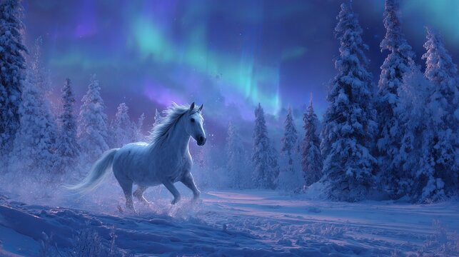 Majestic white horse gallops through a magical snowy forest under the breathtaking aurora borealis sky