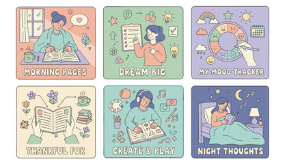 Journaling and selfcare routine vector set mood tracking goal planning creativity and reflection