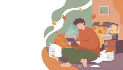 Man overwhelmed by fall deadlines remote work stress and paperwork in an autumnal room