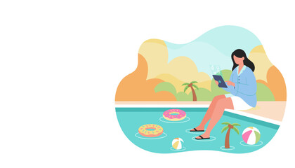 Digital nomad working poolside on a tablet Remote job vacation and travel technology concept