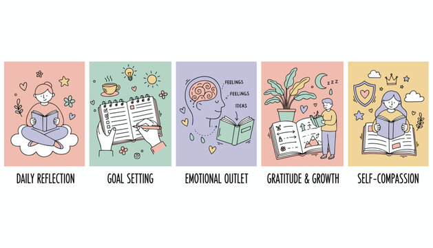 Selfcare guide Cute illustrations of journaling goal setting reflection and emotional health concepts