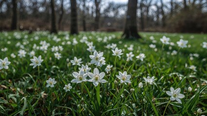 Fototapeta premium Fresh flowers blooming on green grass in a forested area during springtime. Nature, floral, and outdoor scene.