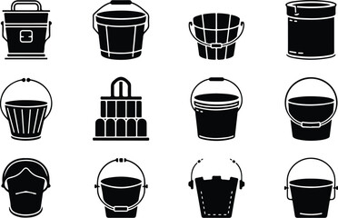 Bucket Icon Set  Cleaning, Gardening, and Utility Silhouette Collection Water and Paint Bucket Icons  Household and Industrial Tool Vector Set