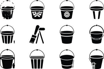 Bucket Icon Set  Cleaning, Gardening, and Utility Silhouette Collection Water and Paint Bucket Icons  Household and Industrial Tool Vector Set