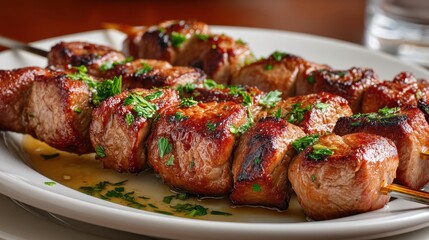 Grilled pork skewers with a golden-brown crust and fresh parsley garnish on a white plate, perfect for BBQ promotions and restaurant menus.