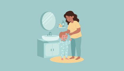 Loving mom teaching her happy boy to brush teeth promoting good oral hygiene habits