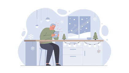 Senior man frustrated using tablet during winter holidays at home Digital literacy struggle concept