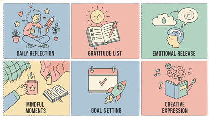 Vector illustration of mental health routines reflection gratitude mindfulness goal setting and creativity