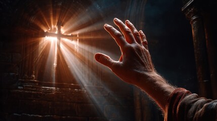 A hand reaching towards a glowing cross in a dimly lit, stone-walled church, symbolizing faith and divine connection. Ideal for religious and spiritual themes.