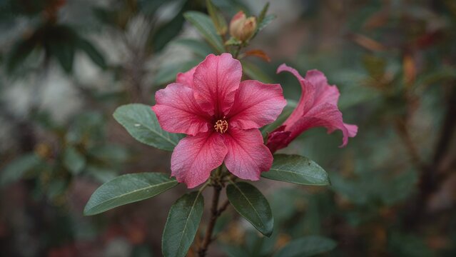 Vibrant pink flower with green leaves, close-up shot of a blooming plant.