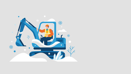 Construction worker operating an excavator in snow Winter maintenance and heavy equipment illustration