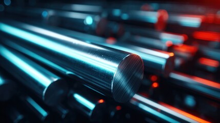 Close-up of polished metal rods with neon lighting, emphasizing industrial precision and modern manufacturing.